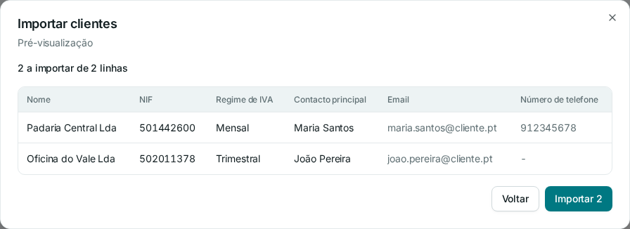 Pré-visualização da importação de clientes