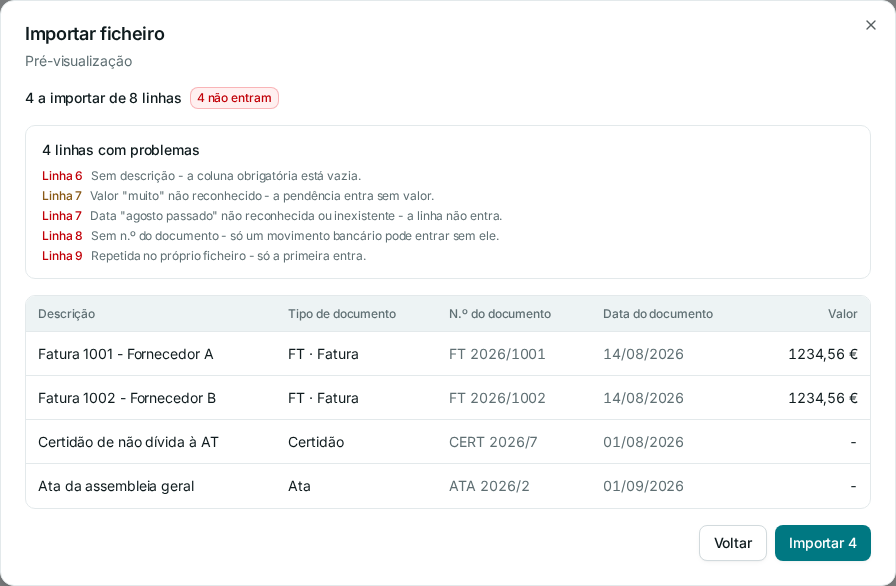 Pré-visualização da importação