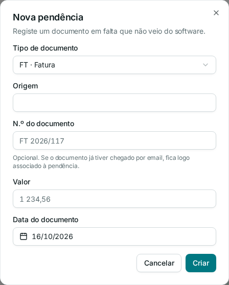 Diálogo de nova pendência