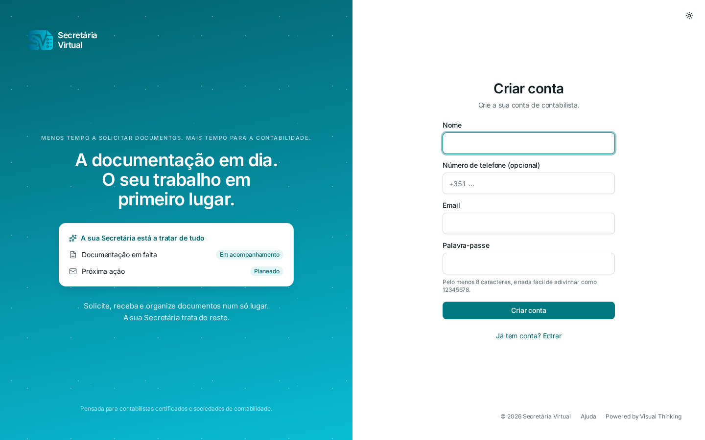 Ecrã de criação de conta