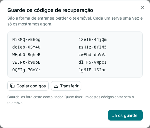 Códigos de recuperação